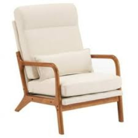 Beige high-back accent chair with plush, high-density cushions and breathable fabric for ultimate comfort. Features an extra pillow for back and neck support, perfect for long sitting sessions. Built with a durable solid wood frame, supporting up to 250 lbs. Footpads protect floors and reduce noise. Ergonomic design offers lumbar support and promotes relaxation. Versatile beige color fits various home styles, ideal for living rooms, bedrooms, and offices. Easy assembly and low maintenance.