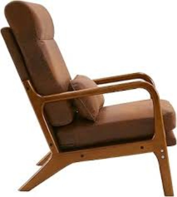 High-back brown accent chair with plush high-density cushions for comfort and support, covered in soft breathable fabric. Features an ergonomic design with lumbar support, solid wood frame for durability, and footpads to protect floors. Ideal for living rooms, bedrooms, or offices, offering a sleek and stylish look with easy assembly and low maintenance.