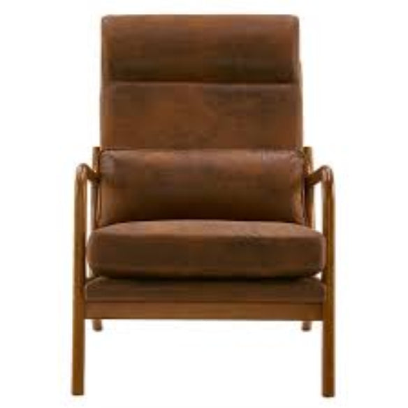 High-back brown accent chair with plush high-density cushions for comfort and support, covered in soft breathable fabric. Features an ergonomic design with lumbar support, solid wood frame for durability, and footpads to protect floors. Ideal for living rooms, bedrooms, or offices, offering a sleek and stylish look with easy assembly and low maintenance.