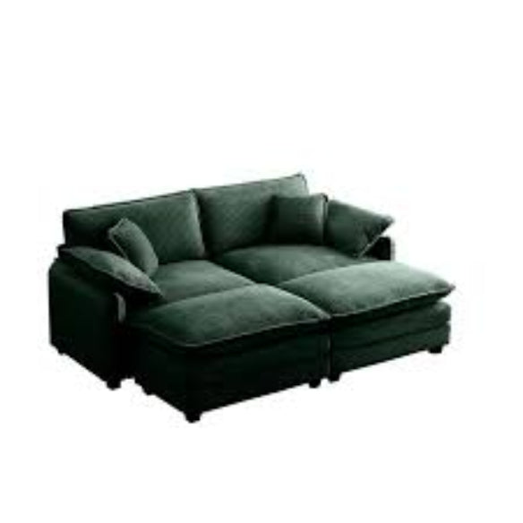 Modern emerald green ribbed velvet corduroy sofa with foam cushioning and pocket spring system, featuring a sturdy wood frame, plush back pillows, and sleek black plastic legs for superior comfort and stylish design.