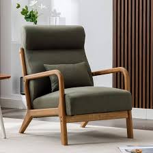 Juniper olive green high-back accent chair featuring plush, high-density cushions and ergonomic design for ultimate comfort and relaxation. Crafted with a solid wood frame for durability and floor protection with footpads. Ideal for living rooms, bedrooms, or offices, offering a stylish and timeless addition to your home.