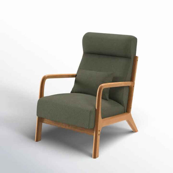 Juniper olive green high-back accent chair featuring plush, high-density cushions and ergonomic design for ultimate comfort and relaxation. Crafted with a solid wood frame for durability and floor protection with footpads. Ideal for living rooms, bedrooms, or offices, offering a stylish and timeless addition to your home.