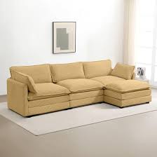 Modern 4-piece L-shaped sectional sofa in premium yellow corduroy fabric. Features high-elastic sponge cushions, sturdy metal and wood frame, and a movable ottoman for flexible configurations. Easy assembly and versatile design perfect for living rooms, bedrooms, or offices.