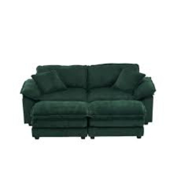 Modern emerald green ribbed velvet corduroy sofa with foam cushioning and pocket spring system, featuring a sturdy wood frame, plush back pillows, and sleek black plastic legs for superior comfort and stylish design.