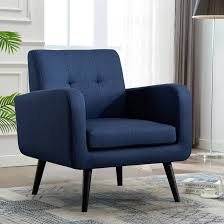 Navy blue accent chair with Mid-Century Modern design featuring a square tufted back and curved arms. The chair has a thick 6-inch foam cushion supported by sinuous springs and sits on solid birch wood tapered legs with a dark espresso finish. Ideal for small spaces, it combines comfort, durability, and timeless elegance, making it a stylish addition to any living room, office, or bedroom.