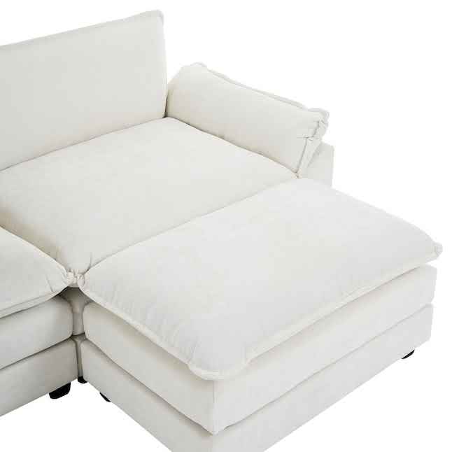 Modern 4-piece L-shaped sectional sofa in premium beige corduroy fabric. Features high-elastic sponge cushions, sturdy metal and wood frame, and a movable ottoman for flexible configurations. Easy assembly and versatile design perfect for living rooms, bedrooms, or offices.