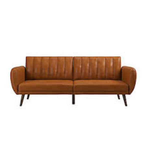 Stylish faux leather futon with ribbed tufted back, oak-colored wooden legs, and multi-position split-back for sitting, lounging, and sleeping. Ideal for small spaces, offering comfort and versatility with a sturdy frame, easy conversion, and extra support for guests.