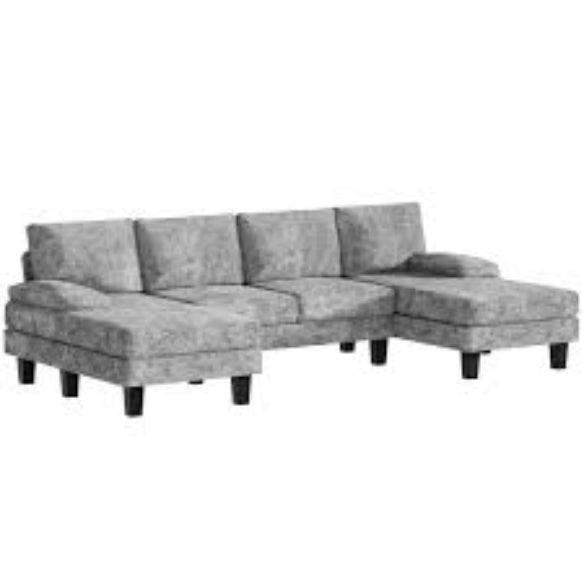 U-shaped sectional sofa with chaise lounges, featuring luxurious grey velvet upholstery, high-density foam, and spring pack for ultimate comfort. Spacious enough to seat 4 people, with removable, machine-washable covers for easy cleaning. Perfect for family rooms or entertaining guests.
