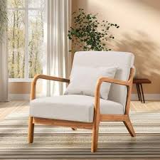 Beige low-back accent chair with plush cushions and ergonomic design, featuring a solid wood frame and footpads for stability. Ideal for living rooms, bedrooms, or offices, offering comfort and support with high-density sponge cushioning and breathable linen fabric. Easy to assemble and maintain, perfect for relaxation and reading.