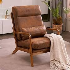High-back brown accent chair with plush high-density cushions for comfort and support, covered in soft breathable fabric. Features an ergonomic design with lumbar support, solid wood frame for durability, and footpads to protect floors. Ideal for living rooms, bedrooms, or offices, offering a sleek and stylish look with easy assembly and low maintenance.