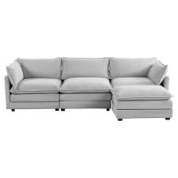 Modern 4-piece L-shaped sectional sofa in premium grey corduroy fabric. Features high-elastic sponge cushions, a sturdy metal and wood frame, and a movable ottoman for flexible configurations. Easy assembly and versatile design perfect for living rooms, bedrooms, or offices.