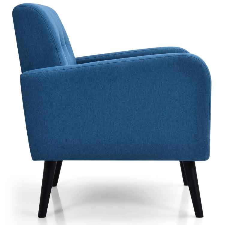 Navy blue accent chair with Mid-Century Modern design featuring a square tufted back and curved arms. The chair has a thick 6-inch foam cushion supported by sinuous springs and sits on solid birch wood tapered legs with a dark espresso finish. Ideal for small spaces, it combines comfort, durability, and timeless elegance, making it a stylish addition to any living room, office, or bedroom.