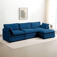 Modern 4-piece L-shaped sectional sofa in premium blue corduroy fabric. Features high-elastic sponge cushions, sturdy metal and wood frame, and a movable ottoman for flexible configurations. Easy assembly and versatile design perfect for living rooms, bedrooms, or offices