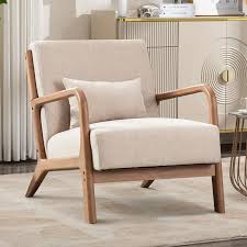 Beige low-back accent chairs with plush cushions and breathable fabric for comfort. Ergonomic design with added pillows for back and neck support. Durable solid wood frame, supports up to 250 lbs, and includes footpads to protect floors. Perfect for living rooms, bedrooms, or offices, offering lasting comfort and style.