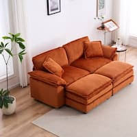 Luxurious burnt orange velvet sofa with ribbed corduroy upholstery, offering superior comfort with foam and pocket spring construction, sleek black plastic legs, and a modern design ideal for contemporary living rooms and offices.