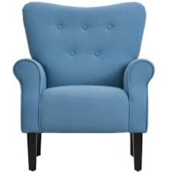 Solid Blue Mid-Century Modern Upholstered Fabric Accent Armchair with rolled arms, tufted back, and tapered wooden legs. The chair features a bold, vibrant solid blue fabric upholstery, adding a touch of timeless elegance and contemporary flair to any room. Ideal for living rooms, bedrooms, offices, or studios, the chair combines comfort and style with its sturdy rubberwood frame, plush foam cushions, and sleek design.
