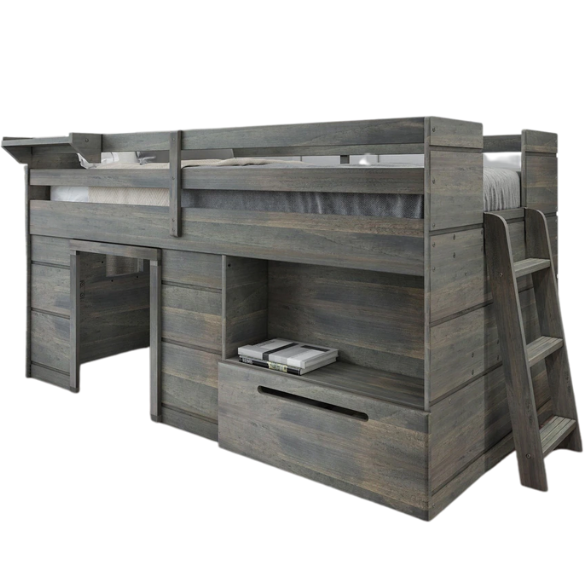 Driftwood grey twin low loft bed with built-in storage drawer, shelf, and angled ladder – modern farmhouse style for kids' bedrooms