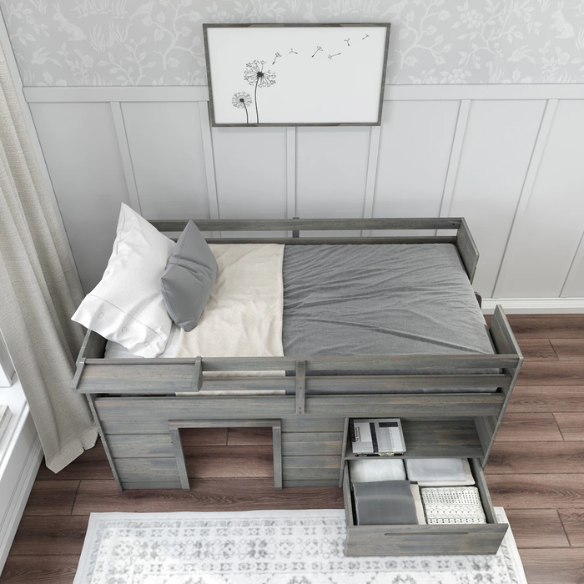 Driftwood grey twin low loft bed with built-in storage drawer, shelf, and angled ladder – modern farmhouse style for kids' bedrooms