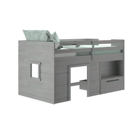 Driftwood grey twin low loft bed with built-in storage drawer, shelf, and angled ladder – modern farmhouse style for kids' bedrooms