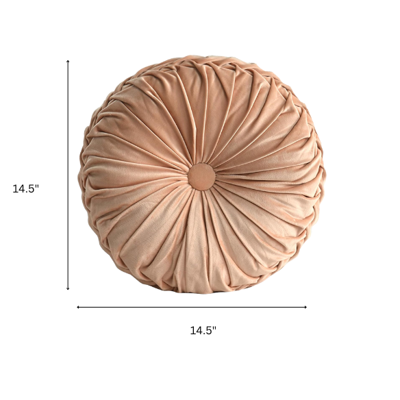Dusty rose velvet round throw pillows with pleated detail and central button, set of two 14.5-inch decorative cushions styled on a soft-toned couch.