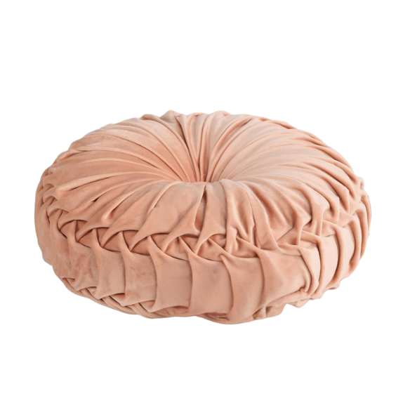 Dusty rose velvet round throw pillows with pleated detail and central button, set of two 14.5-inch decorative cushions styled on a soft-toned couch.