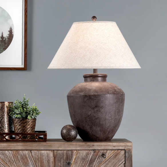 Farmhouse-style 30-inch table lamp with gray resin urn-shaped base and beige empire fabric shade, ideal for living room or bedroom accent lighting