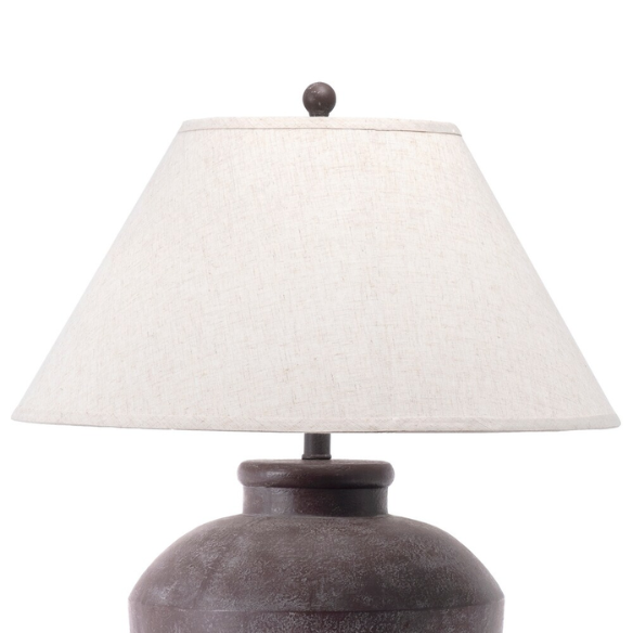 Farmhouse-style 30-inch table lamp with gray resin urn-shaped base and beige empire fabric shade, ideal for living room or bedroom accent lighting