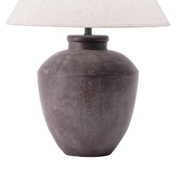 Farmhouse-style 30-inch table lamp with gray resin urn-shaped base and beige empire fabric shade, ideal for living room or bedroom accent lighting