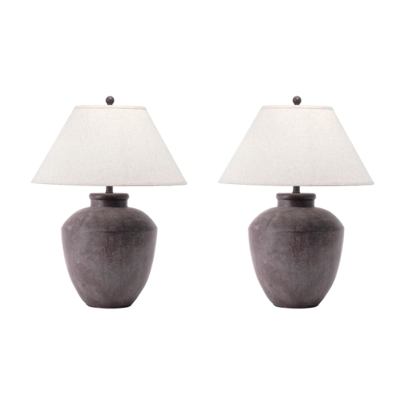 Farmhouse-style 30-inch table lamp with gray resin urn-shaped base and beige empire fabric shade, ideal for living room or bedroom accent lighting