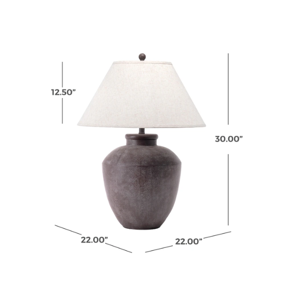 Farmhouse-style 30-inch table lamp with gray resin urn-shaped base and beige empire fabric shade, ideal for living room or bedroom accent lighting