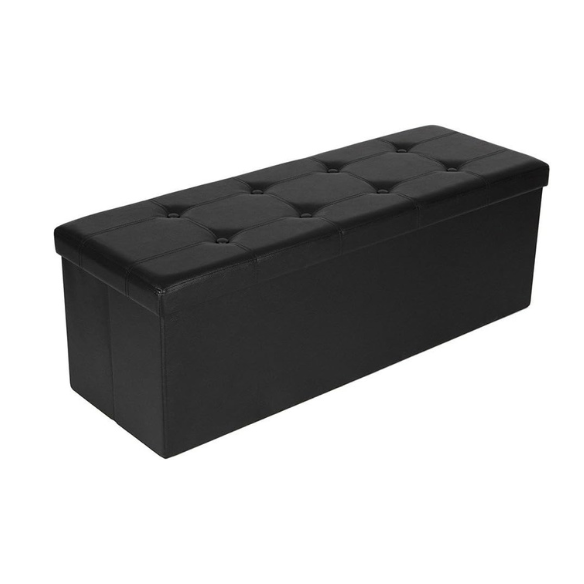 Foldable storage footrest ottoman in black faux leather with cushioned seat and ample storage space, perfect for modern living rooms.