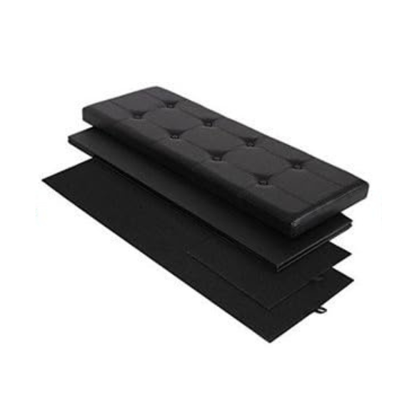 Foldable storage footrest ottoman in black faux leather with cushioned seat and ample storage space, perfect for modern living rooms.