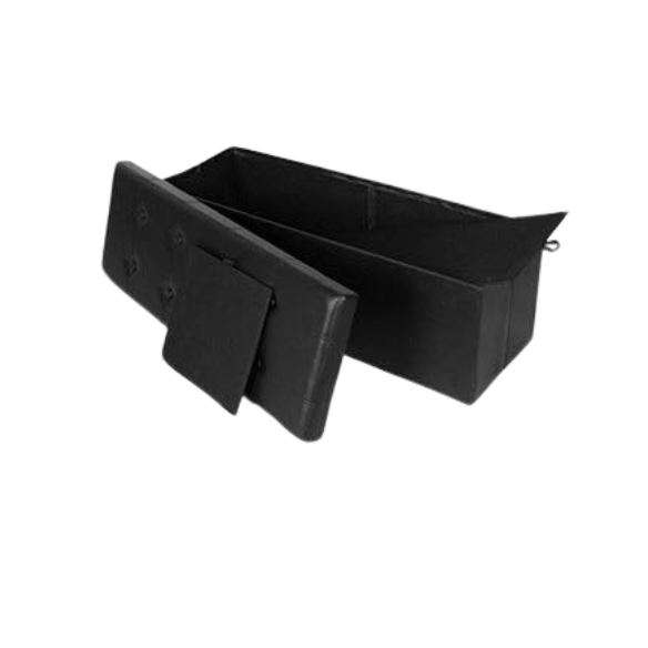 Foldable storage footrest ottoman in black faux leather with cushioned seat and ample storage space, perfect for modern living rooms.