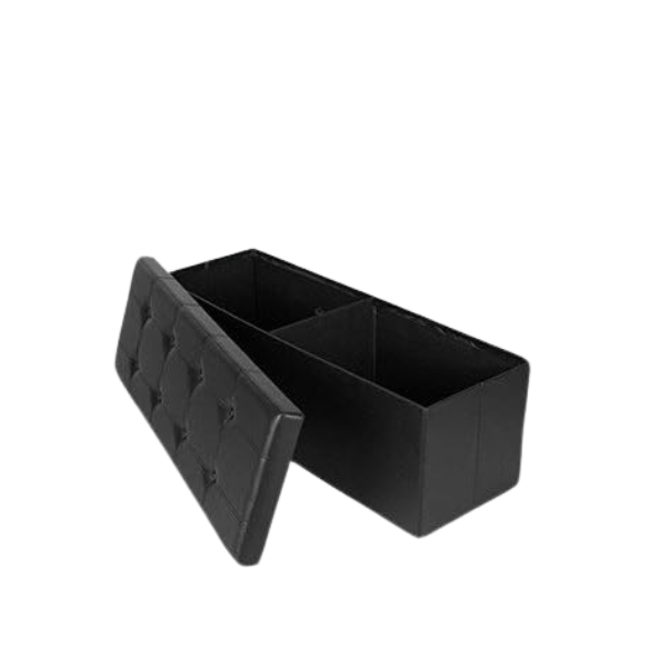 Foldable storage footrest ottoman in black faux leather with cushioned seat and ample storage space, perfect for modern living rooms.
