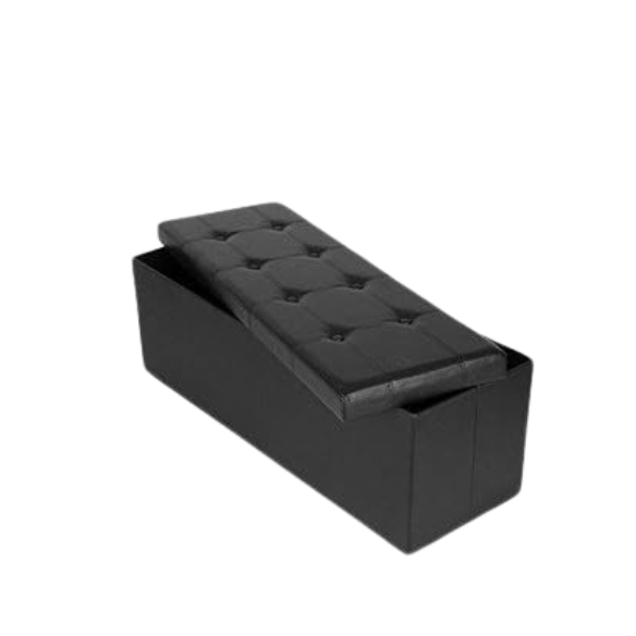 Foldable storage footrest ottoman in black faux leather with cushioned seat and ample storage space, perfect for modern living rooms.