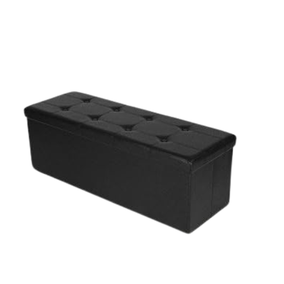 Foldable storage footrest ottoman in black faux leather with cushioned seat and ample storage space, perfect for modern living rooms.