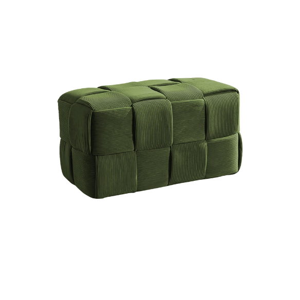 Forest green velvet ottoman with modern woven design, compact and versatile for home or office decor.