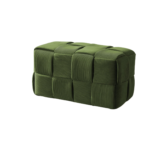 Forest green velvet ottoman with modern woven design, compact and versatile for home or office decor.