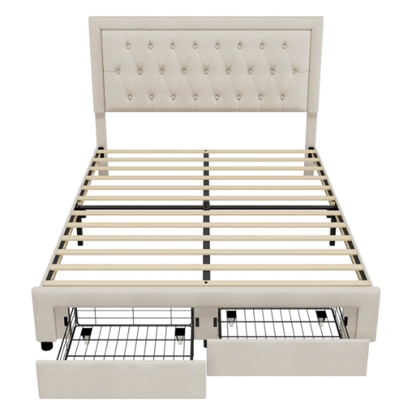 Full-size beige linen upholstered bed with tufted headboard and two underbed storage drawers