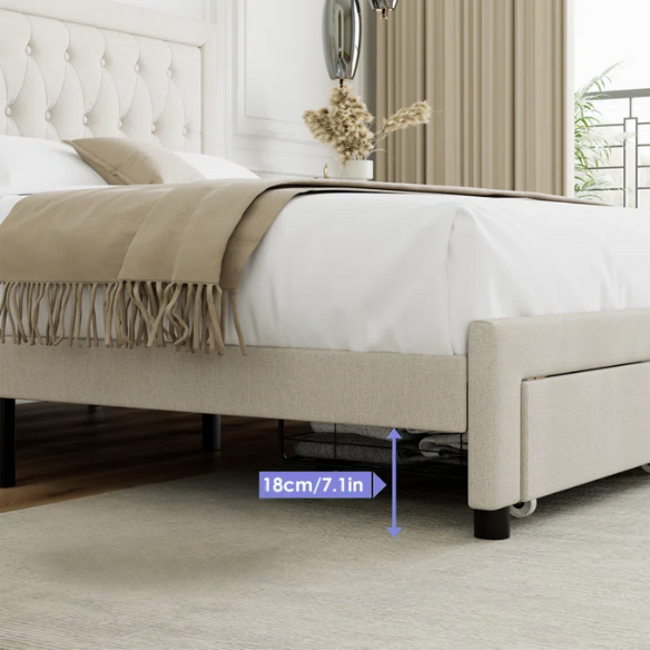 Full-size beige linen upholstered bed with tufted headboard and two underbed storage drawers