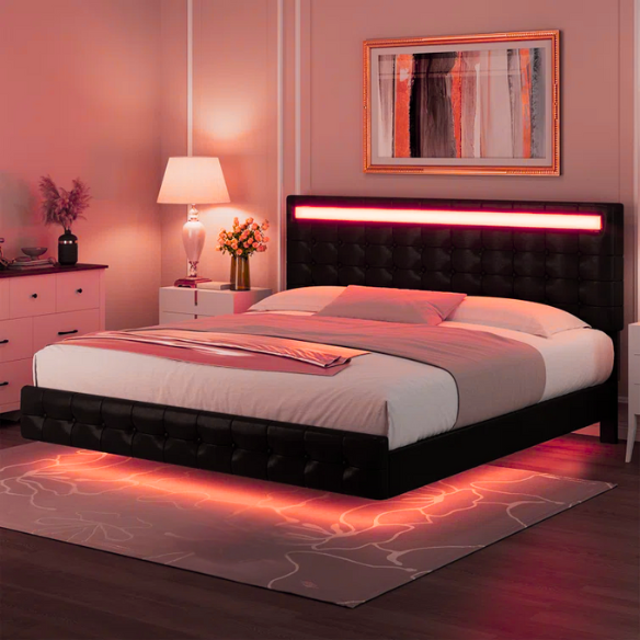 Full-size black faux leather platform bed with tufted LED headboard and floating base design