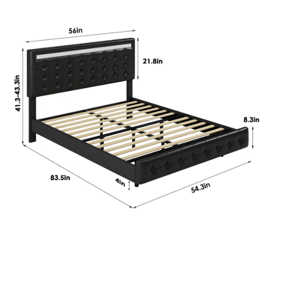 Full-size black faux leather platform bed with tufted LED headboard and floating base design