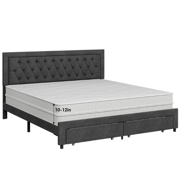 Full-size black linen upholstered bed with tufted headboard and built-in storage drawers
