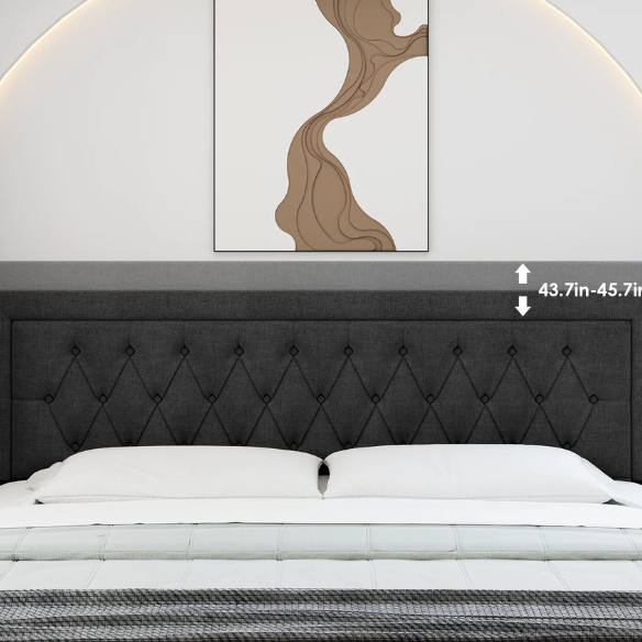 Full-size black linen upholstered bed with tufted headboard and built-in storage drawers