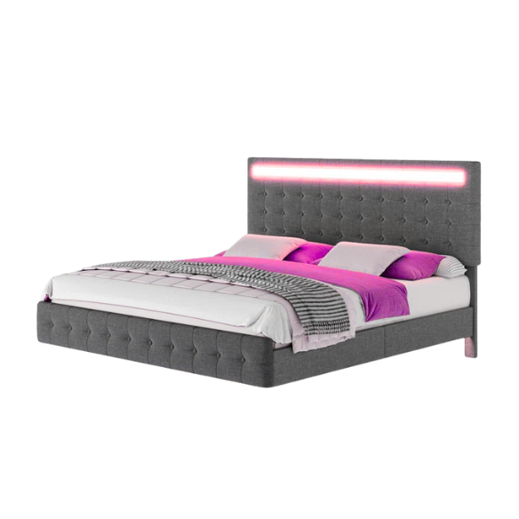 Full-size grey linen platform bed with tufted LED headboard and modern floating frame design