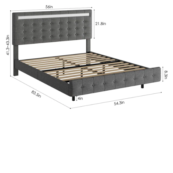 Full-size grey linen platform bed with tufted LED headboard and modern floating frame design