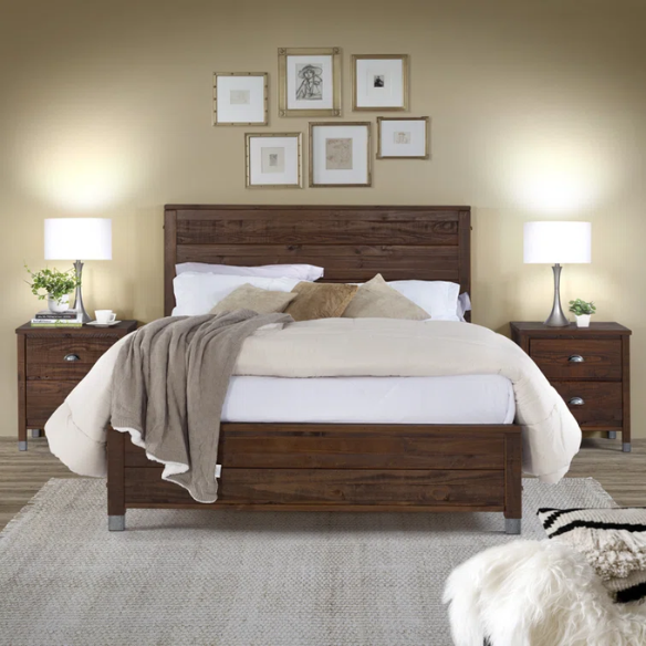 Full-size farmhouse bed in walnut brown finish, made from solid pine with distressed details, featuring a rectangular headboard, footboard, and slatted platform support.