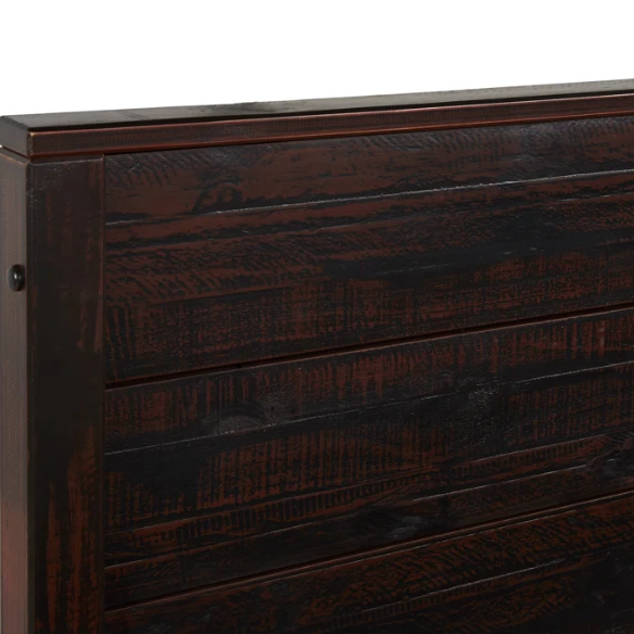 Full-size farmhouse bed in walnut brown finish, made from solid pine with distressed details, featuring a rectangular headboard, footboard, and slatted platform support.