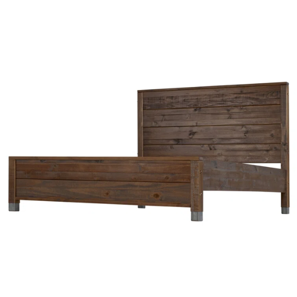 Full-size farmhouse bed in walnut brown finish, made from solid pine with distressed details, featuring a rectangular headboard, footboard, and slatted platform support.