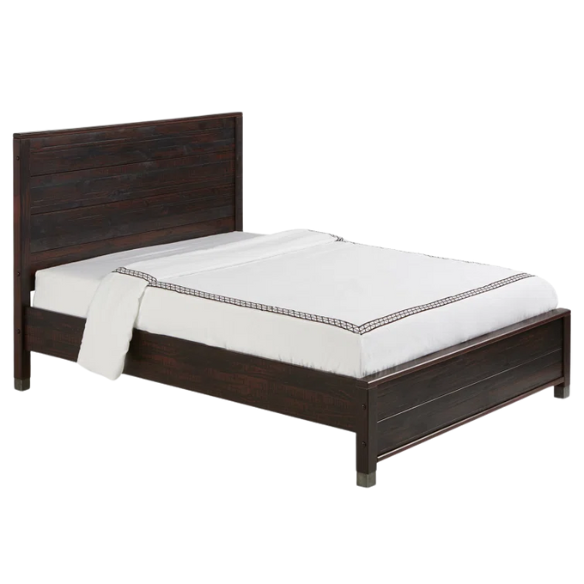 Full-size farmhouse bed in walnut brown finish, made from solid pine with distressed details, featuring a rectangular headboard, footboard, and slatted platform support.